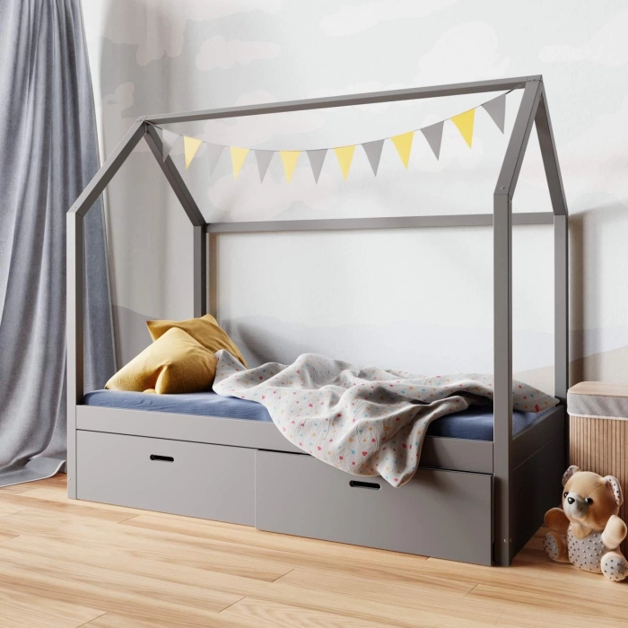 Szare łóżeczko domek z szufladami bez barierek